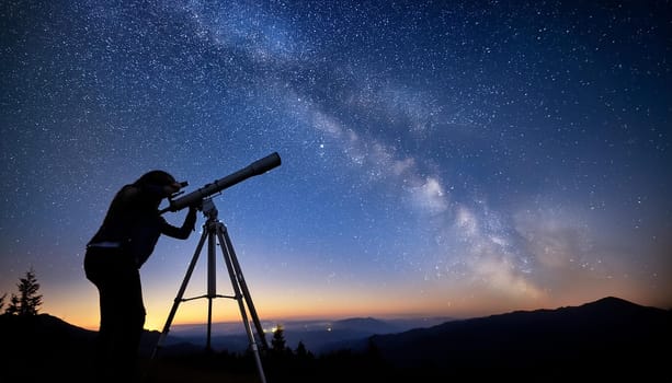 looking at the sky with astronomic telescope, AI generated image