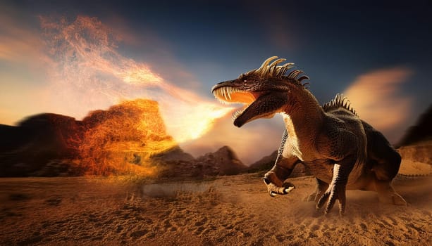prehistoric dragon spitting fire, AI generated image
