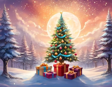 A decorated Christmas tree adorned with colorful ornaments and stacked presents ready for celebration in cozy holiday setting. Wrapped gifts of various colors. Festive atmosphere, warmth and joy. AI.