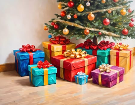 A decorated Christmas tree adorned with colorful ornaments and stacked presents ready for celebration in cozy holiday setting. Wrapped gifts of various colors. Festive atmosphere, warmth and joy. AI.