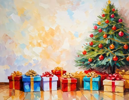 A decorated Christmas tree adorned with colorful ornaments and stacked presents ready for celebration in cozy holiday setting. Wrapped gifts of various colors. Festive atmosphere, warmth and joy. AI.