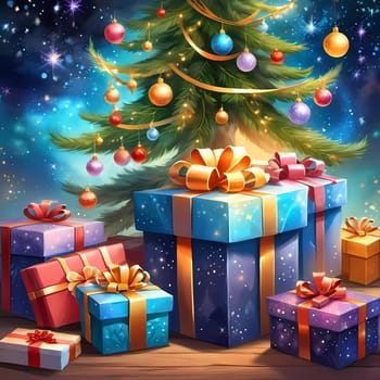 A decorated Christmas tree adorned with colorful ornaments and stacked presents ready for celebration in cozy holiday setting. Wrapped gifts of various colors. Festive atmosphere, warmth and joy. AI.