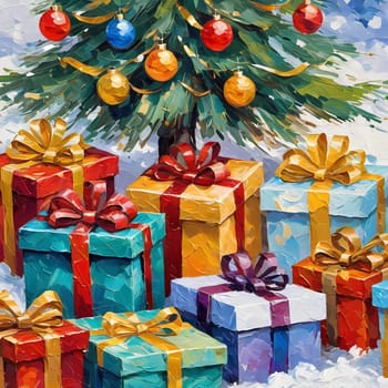 A decorated Christmas tree adorned with colorful ornaments and stacked presents ready for celebration in cozy holiday setting. Wrapped gifts of various colors. Festive atmosphere, warmth and joy. AI.