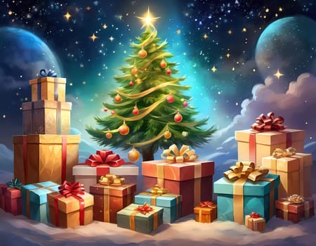 A decorated Christmas tree adorned with colorful ornaments and stacked presents ready for celebration in cozy holiday setting. Wrapped gifts of various colors. Festive atmosphere, warmth and joy. AI.