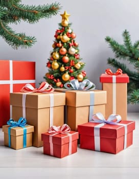 A decorated Christmas tree adorned with colorful ornaments and stacked presents ready for celebration in cozy holiday setting. Wrapped gifts of various colors. Festive atmosphere, warmth and joy. AI.