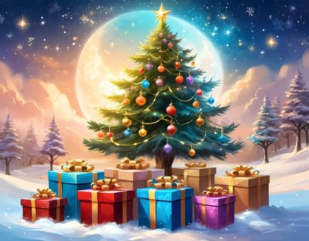 A decorated Christmas tree adorned with colorful ornaments and stacked presents ready for celebration in cozy holiday setting. Wrapped gifts of various colors. Festive atmosphere, warmth and joy. AI.