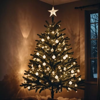Colorful Christmas decorations adorn the branches of a spruce tree, vibrant balls in shades of red, gold, and pink, embodying holiday cheer in winter. Happy New Year art background. Generative AI.