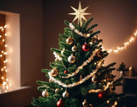 Colorful Christmas decorations adorn the branches of a spruce tree, vibrant balls in shades of red, gold, and pink, embodying holiday cheer in winter. Happy New Year art background. Generative AI.