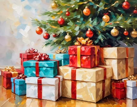 A decorated Christmas tree adorned with colorful ornaments and stacked presents ready for celebration in cozy holiday setting. Wrapped gifts of various colors. Festive atmosphere, warmth and joy. AI.