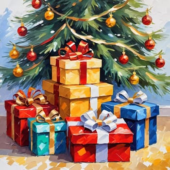 A decorated Christmas tree adorned with colorful ornaments and stacked presents ready for celebration in cozy holiday setting. Wrapped gifts of various colors. Festive atmosphere, warmth and joy. AI.