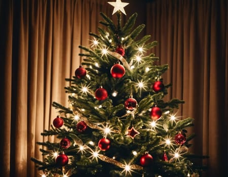 Colorful Christmas decorations adorn the branches of a spruce tree, vibrant balls in shades of red, gold, and pink, embodying holiday cheer in winter. Happy New Year art background. Generative AI.