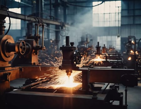 Manufacturing foundry facility filled with milling machines is actively producing components. Environment is industrial, characterized by machinery tools, visible sparks, suggesting precision work AI