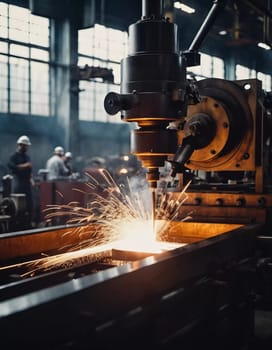 Manufacturing foundry facility filled with milling machines is actively producing components. Environment is industrial, characterized by machinery tools, visible sparks, suggesting precision work AI