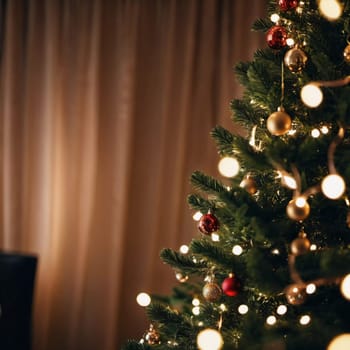 Colorful Christmas decorations adorn the branches of a spruce tree, vibrant balls in shades of red, gold, and pink, embodying holiday cheer in winter. Happy New Year art background. Generative AI.