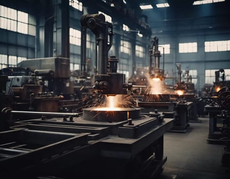 Manufacturing foundry facility filled with milling machines is actively producing components. Environment is industrial, characterized by machinery tools, visible sparks, suggesting precision work AI