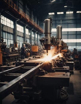 Manufacturing foundry facility filled with milling machines is actively producing components. Environment is industrial, characterized by machinery tools, visible sparks, suggesting precision work AI