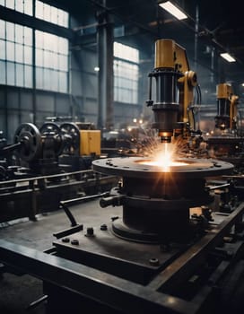 Manufacturing foundry facility filled with milling machines is actively producing components. Environment is industrial, characterized by machinery tools, visible sparks, suggesting precision work AI