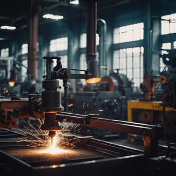 Manufacturing foundry facility filled with milling machines is actively producing components. Environment is industrial, characterized by machinery tools, visible sparks, suggesting precision work AI