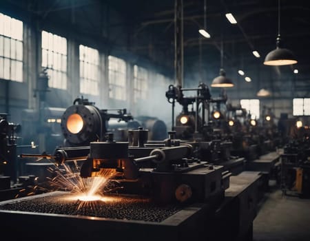 Manufacturing foundry facility filled with milling machines is actively producing components. Environment is industrial, characterized by machinery tools, visible sparks, suggesting precision work AI