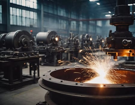 Manufacturing foundry facility filled with milling machines is actively producing components. Environment is industrial, characterized by machinery tools, visible sparks, suggesting precision work AI