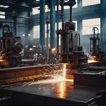 Manufacturing foundry facility filled with milling machines is actively producing components. Environment is industrial, characterized by machinery tools, visible sparks, suggesting precision work AI