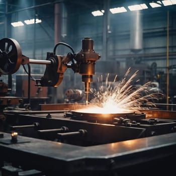 Manufacturing foundry facility filled with milling machines is actively producing components. Environment is industrial, characterized by machinery tools, visible sparks, suggesting precision work AI