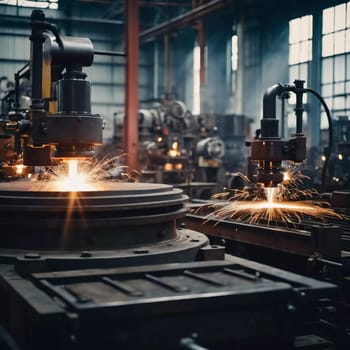 Manufacturing foundry facility filled with milling machines is actively producing components. Environment is industrial, characterized by machinery tools, visible sparks, suggesting precision work AI