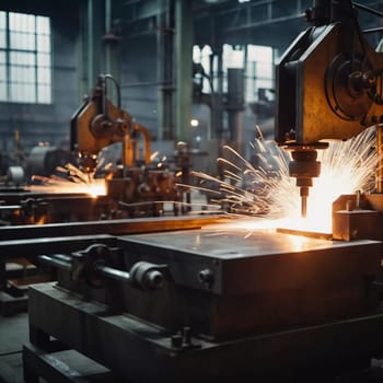 Manufacturing foundry facility filled with milling machines is actively producing components. Environment is industrial, characterized by machinery tools, visible sparks, suggesting precision work AI
