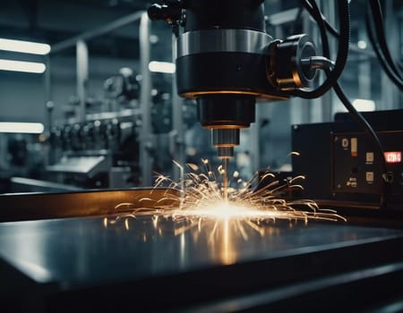 Manufacturing foundry facility filled with milling machines is actively producing components. Environment is industrial, characterized by machinery tools, visible sparks, suggesting precision work AI
