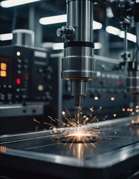 Manufacturing foundry facility filled with milling machines is actively producing components. Environment is industrial, characterized by machinery tools, visible sparks, suggesting precision work AI