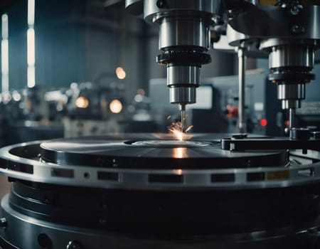 A manufacturing facility showcases advanced milling processes with a machine tool creating intricate parts, emphasizing engineering precision and efficiency. Generative AI.