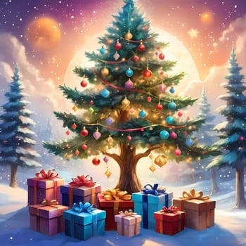 A decorated Christmas tree adorned with colorful ornaments and stacked presents ready for celebration in cozy holiday setting. Wrapped gifts of various colors. Festive atmosphere, warmth and joy. AI.