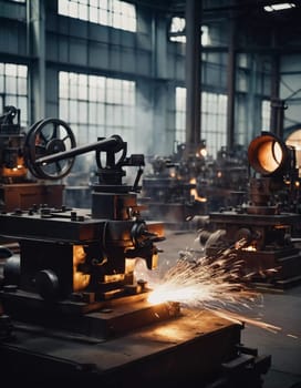 Manufacturing foundry facility filled with milling machines is actively producing components. Environment is industrial, characterized by machinery tools, visible sparks, suggesting precision work AI