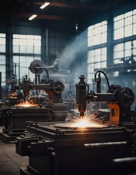 Manufacturing foundry facility filled with milling machines is actively producing components. Environment is industrial, characterized by machinery tools, visible sparks, suggesting precision work AI