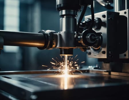 A manufacturing facility showcases advanced milling processes with a machine tool creating intricate parts, emphasizing engineering precision and efficiency. Generative AI.