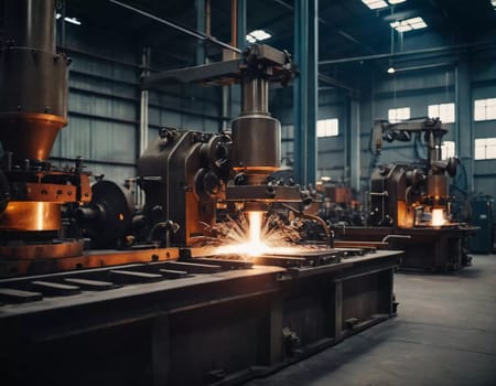 Manufacturing foundry facility filled with milling machines is actively producing components. Environment is industrial, characterized by machinery tools, visible sparks, suggesting precision work AI