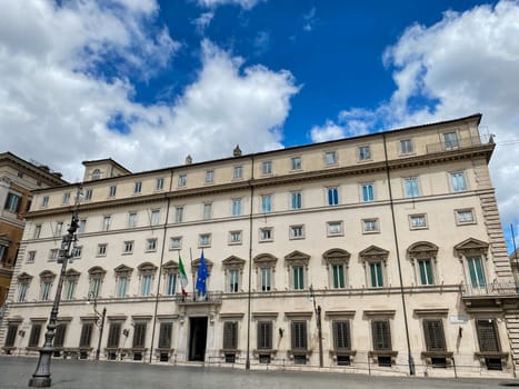 View of the main facade of Palazzo Chigi in Piazza Colonna, Rome. The building serves as the seat of the Italian government and the official residence of the prime minister.