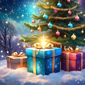 A decorated Christmas tree adorned with colorful ornaments and stacked presents ready for celebration in cozy holiday setting. Wrapped gifts of various colors. Festive atmosphere, warmth and joy. AI.