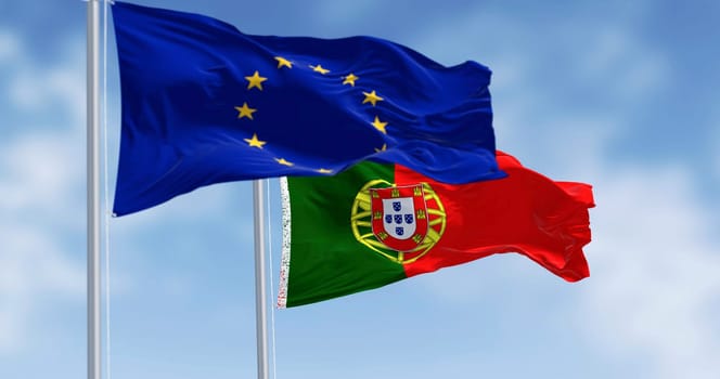 Close-up of Portugal and the European Union flags waving on a clear day. Democracy and politics. Rippled textile, 3d illustration render. Selective focus