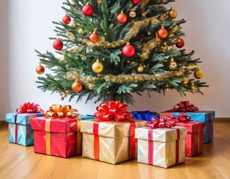 A decorated Christmas tree adorned with colorful ornaments and stacked presents ready for celebration in cozy holiday setting. Wrapped gifts of various colors. Festive atmosphere, warmth and joy. AI.
