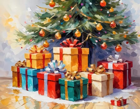 A decorated Christmas tree adorned with colorful ornaments and stacked presents ready for celebration in cozy holiday setting. Wrapped gifts of various colors. Festive atmosphere, warmth and joy. AI.