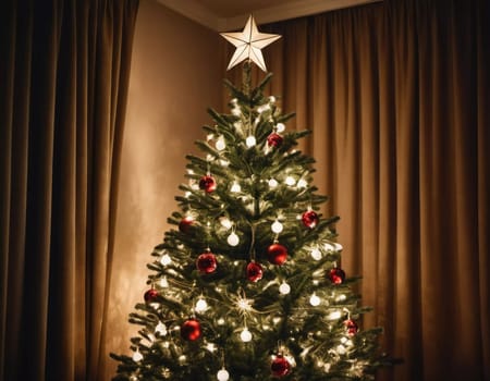 Colorful Christmas decorations adorn the branches of a spruce tree, vibrant balls in shades of red, gold, and pink, embodying holiday cheer in winter. Happy New Year art background. Generative AI.