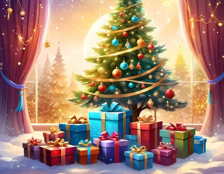 A decorated Christmas tree adorned with colorful ornaments and stacked presents ready for celebration in cozy holiday setting. Wrapped gifts of various colors. Festive atmosphere, warmth and joy. AI.