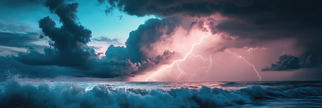 Powerful lightning strike in the sky with dark storm clouds above the sea with huge waves at night.