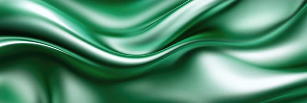 Green soft satin fabric waves background design. Texture with smooth flowing patterns and light shiny effect.