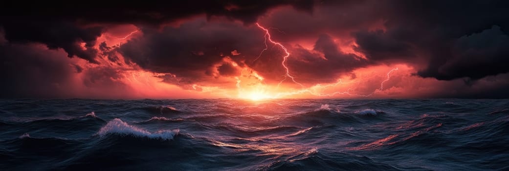 Powerful lightning strike in the sky with dark red storm clouds above the sea and big waves at night.