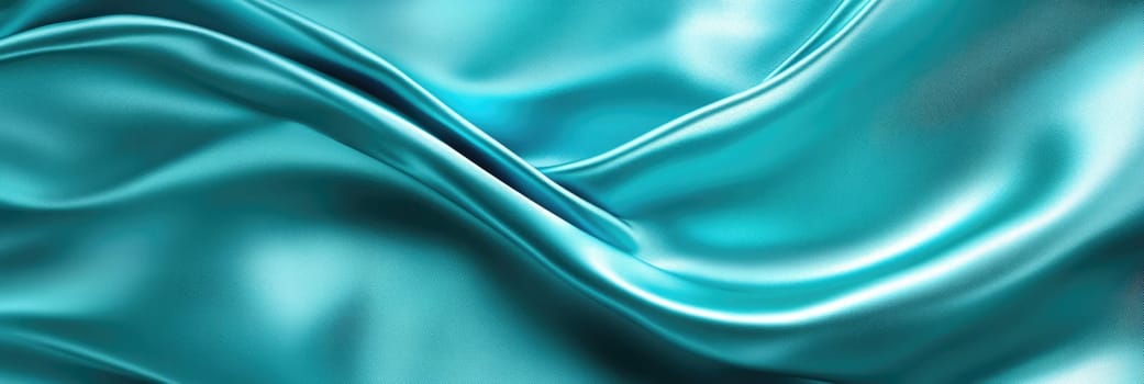 Turquoise soft satin fabric wave background design. Texture with smooth flowing patterns and light shiny effect.