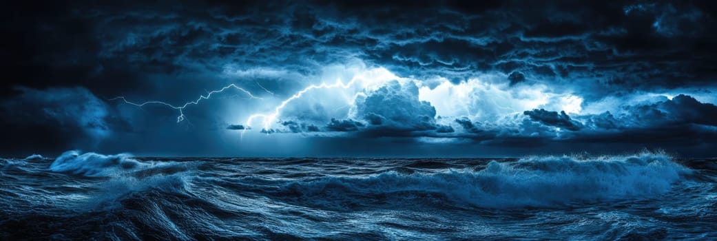 Powerful lightning strike in the sky with dark storm clouds above the sea with huge waves at night.