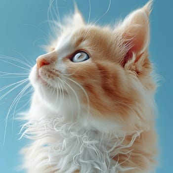 An adorable orange and white kitten looks up with wide, curious eyes, showcasing its fluffy fur and delicate whiskers, set against a soothing light blue background.