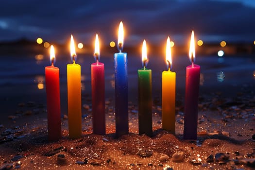 Eight vibrant candles stand upright in the sand along the beach, illuminated against the twilight sky. The warm glow casts reflections on the water, creating a serene evening atmosphere.